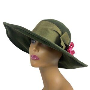 VTG The J PETERMAN CO Green Velvet Sun Hat Big Bow Flower Wide Brim Derby OS